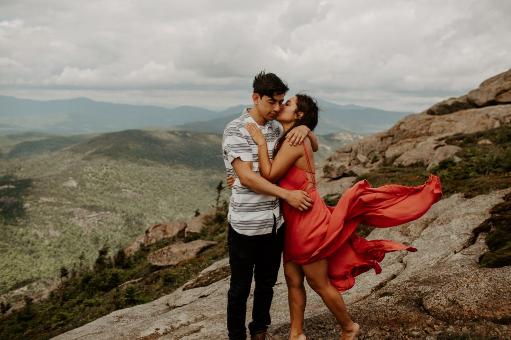 cascade Adirondack mountain engagement session photo, capturing by a wedding photographer in the Keene Valley high peaks